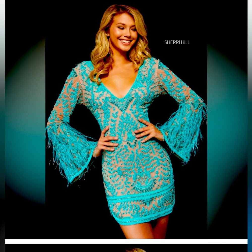 Sherri Hill Aqua Embroidered Dress